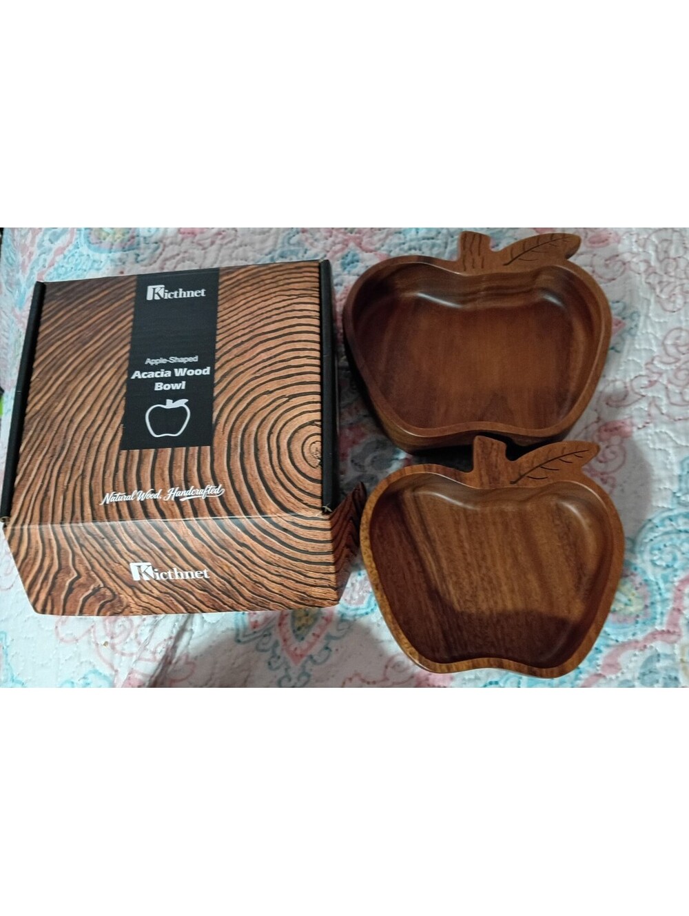 Kicthnet Apple-Shaped Handcrafted Acacia Wood Serving Bowls 2-Pack Setwith Box